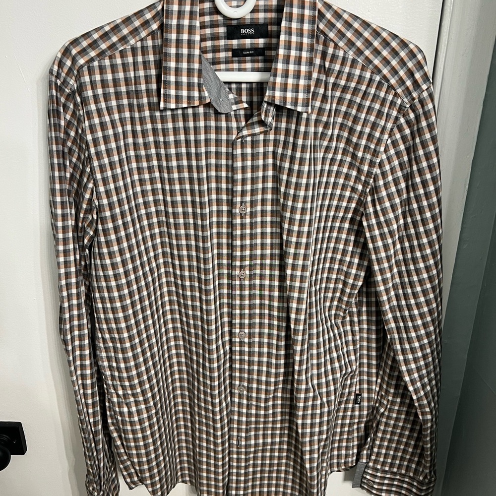 BOSS Men's Brown Checkered Shirt